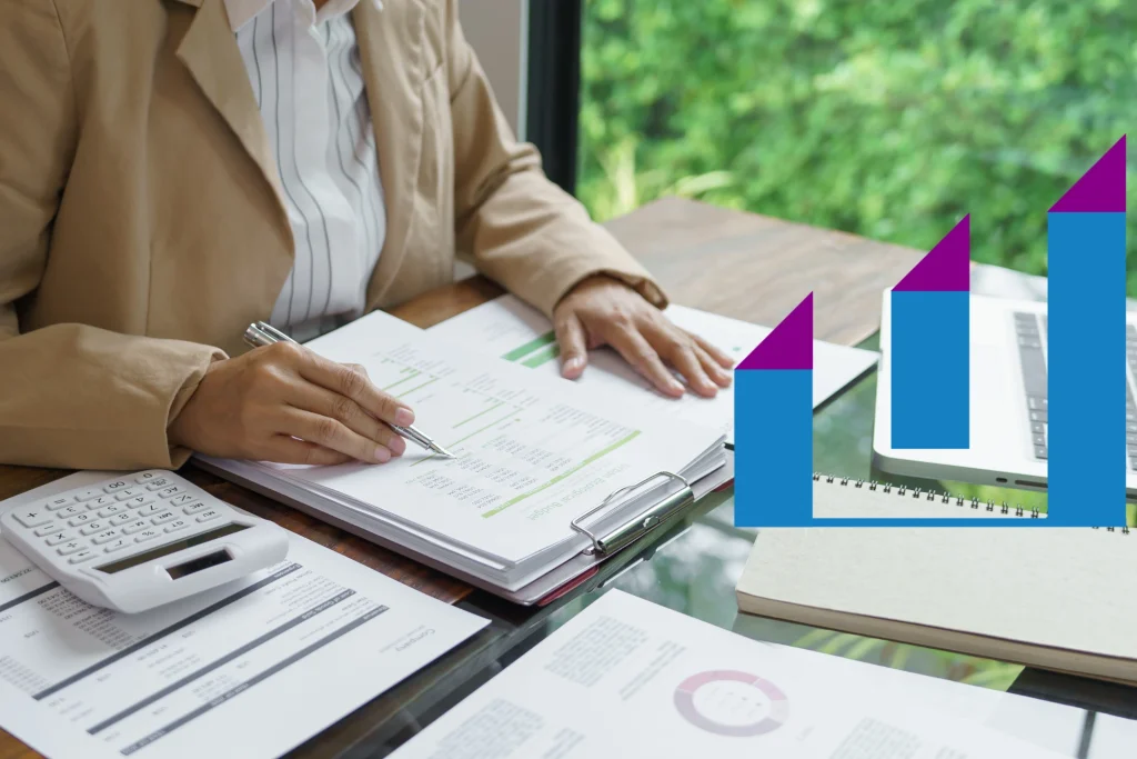 Accounting services for SMEs professional analyzing budget and financial statements with growth chart overlay